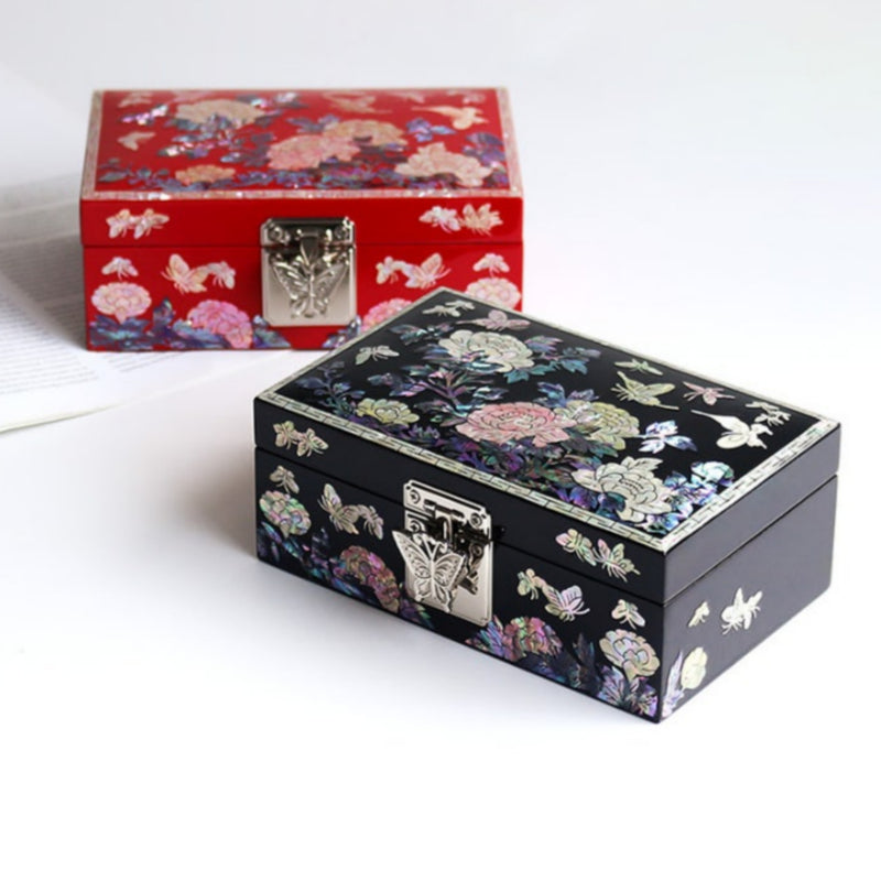 Mother-of-Pearl Peony & Butterfly Lacquer Jewelry Box 16cm