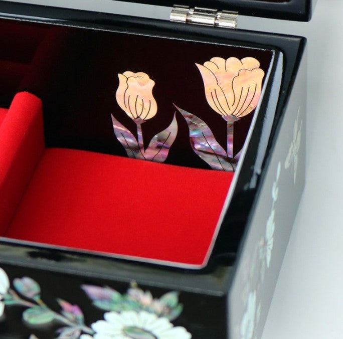 Mother-of-Pearl Inlaid Lacquerware Compact Jewelry Box 16cm