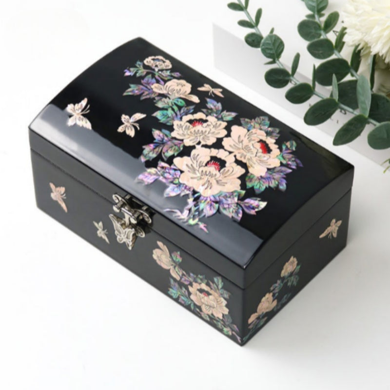 Mother-of-Pearl Inlaid Lacquerware Compact Jewelry Box 16cm