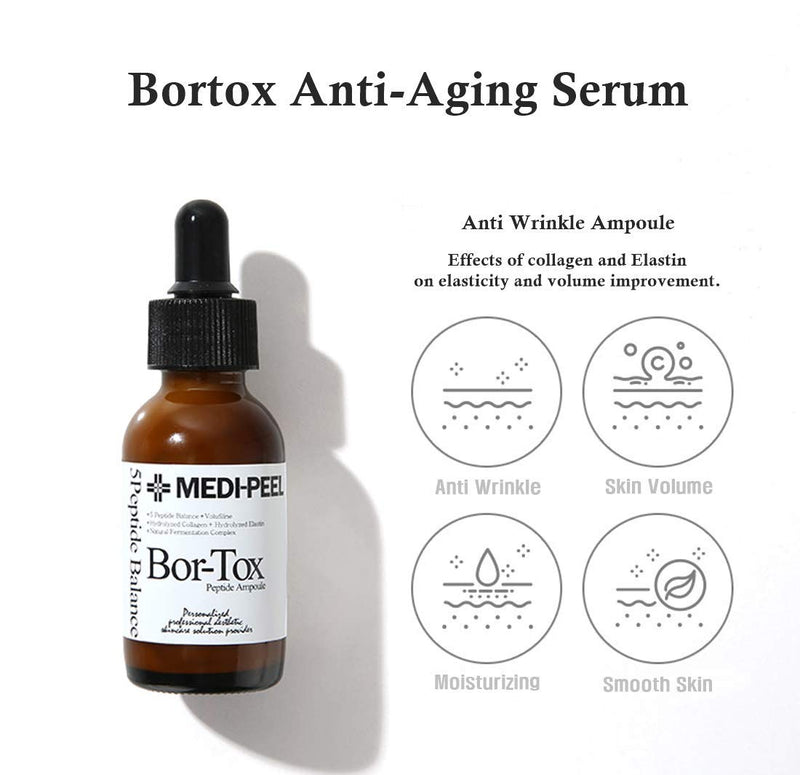 אמפולה אנטי-אייג'ינג של Medipeel Bortox היא השפעה של קולגן ואלסטין על גמישות ושיפור נפח.