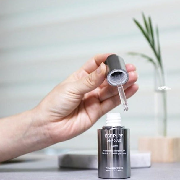 SWANICOCO EGF 10PPM Pure Ampoule 30ml is Damask Rose Oil helps balance and soothe skin.