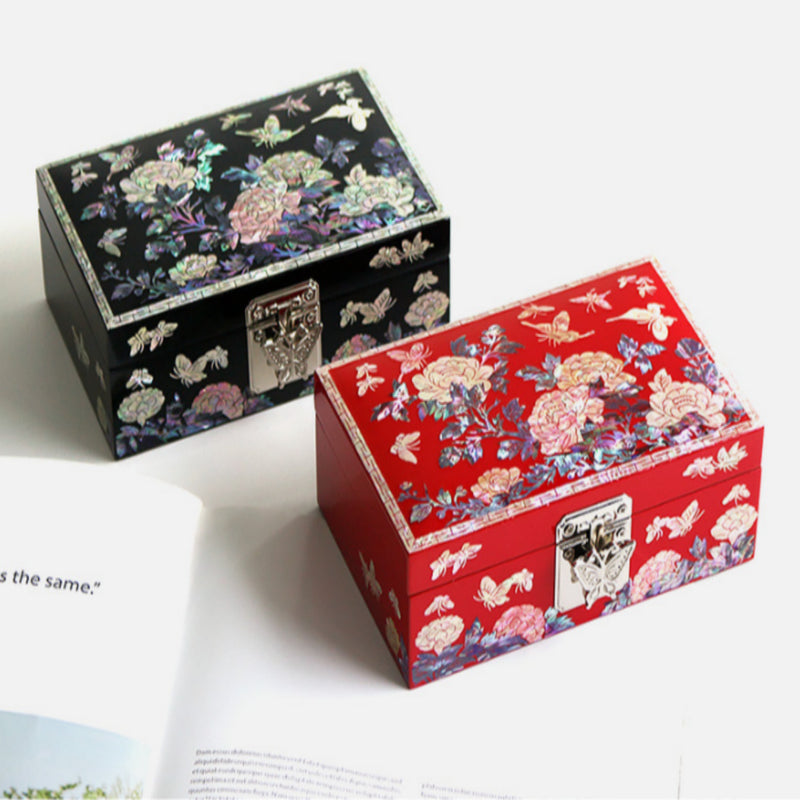 Mother-of-Pearl Peony & Butterfly Lacquer Jewelry Box 16cm