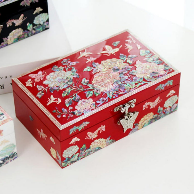 Mother-of-Pearl Peony & Butterfly Lacquer Jewelry Box 16cm