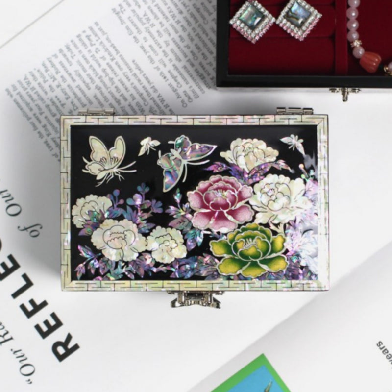 Mother-of-Pearl Inlaid Lacquerware Jewelry Box with Peony Pattern 15cm