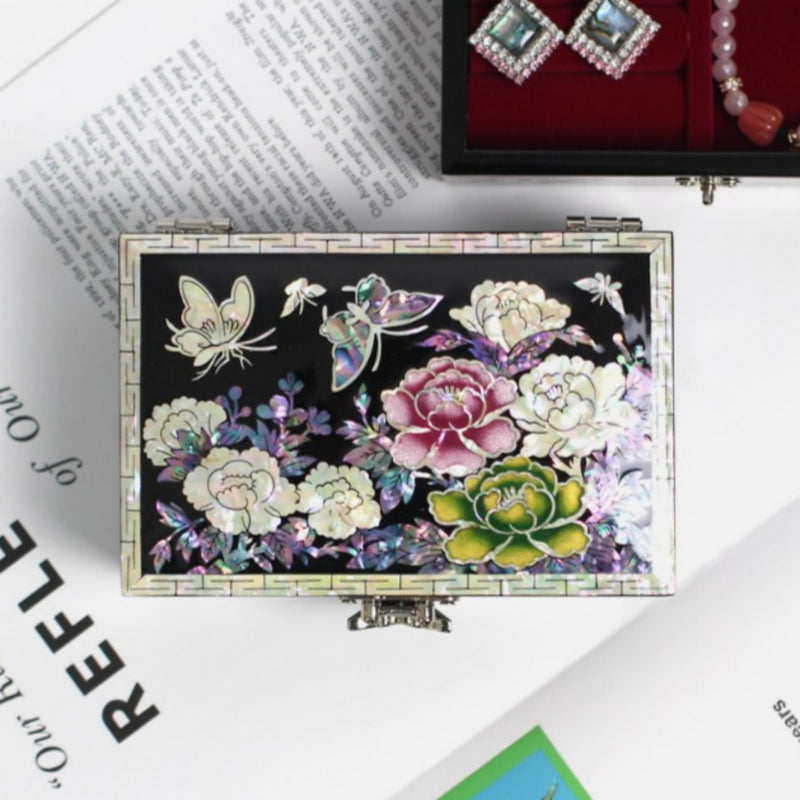 Mother-of-Pearl Inlaid Lacquerware Jewelry Box 13cm - Red, Black Color