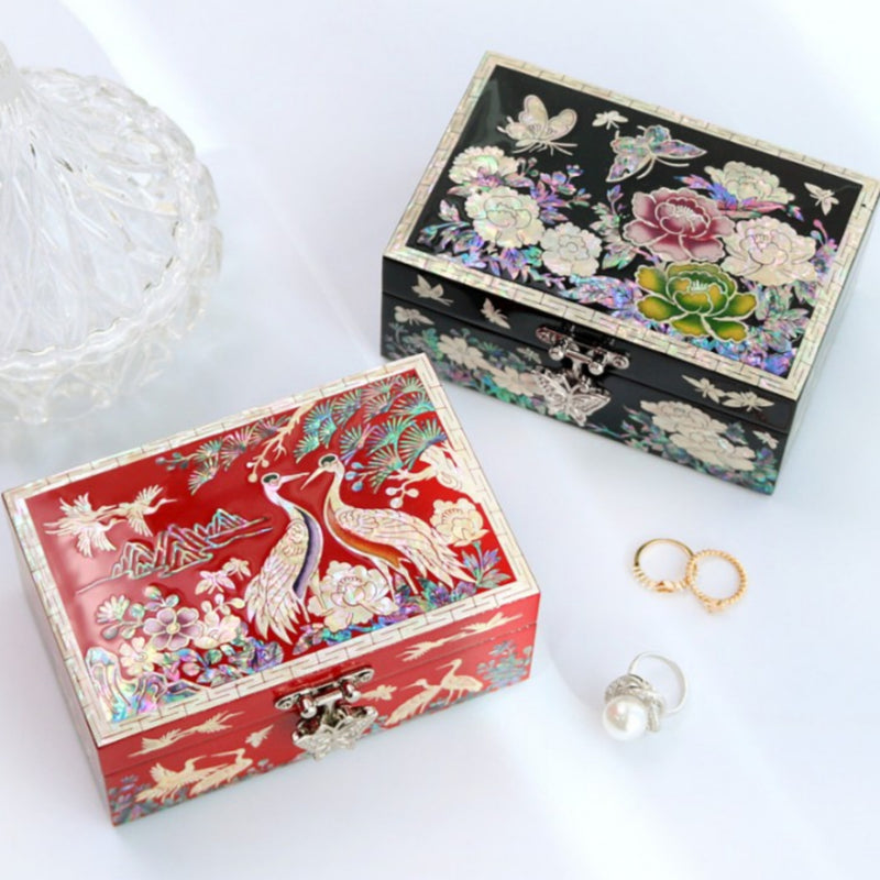 Mother-of-Pearl Inlaid Lacquerware Jewelry Box 13cm - Red, Black Color