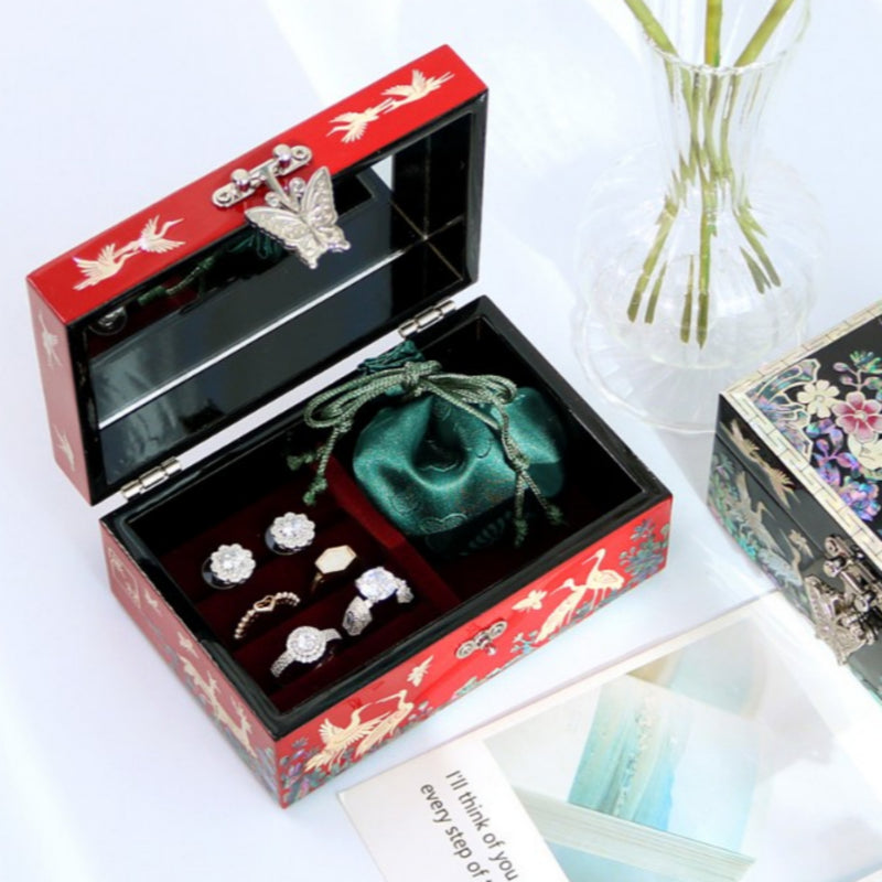 Mother-of-Pearl Inlaid Lacquerware Jewelry Box 13cm - Red, Black Color