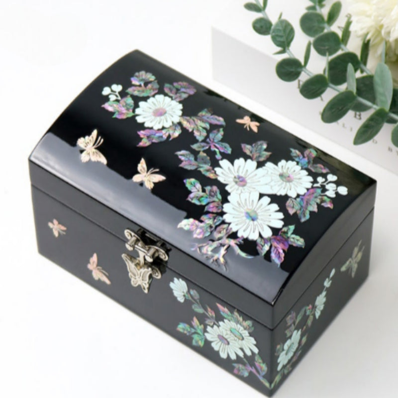 Mother-of-Pearl Inlaid Lacquerware Compact Jewelry Box 16cm