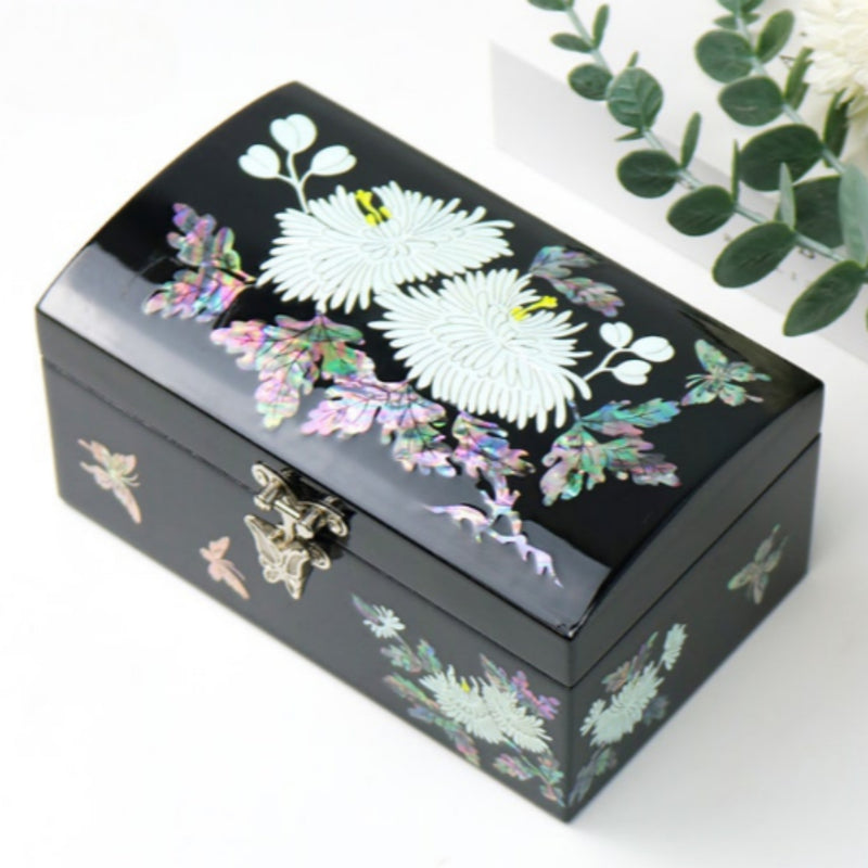 Mother-of-Pearl Inlaid Lacquerware Compact Jewelry Box 16cm